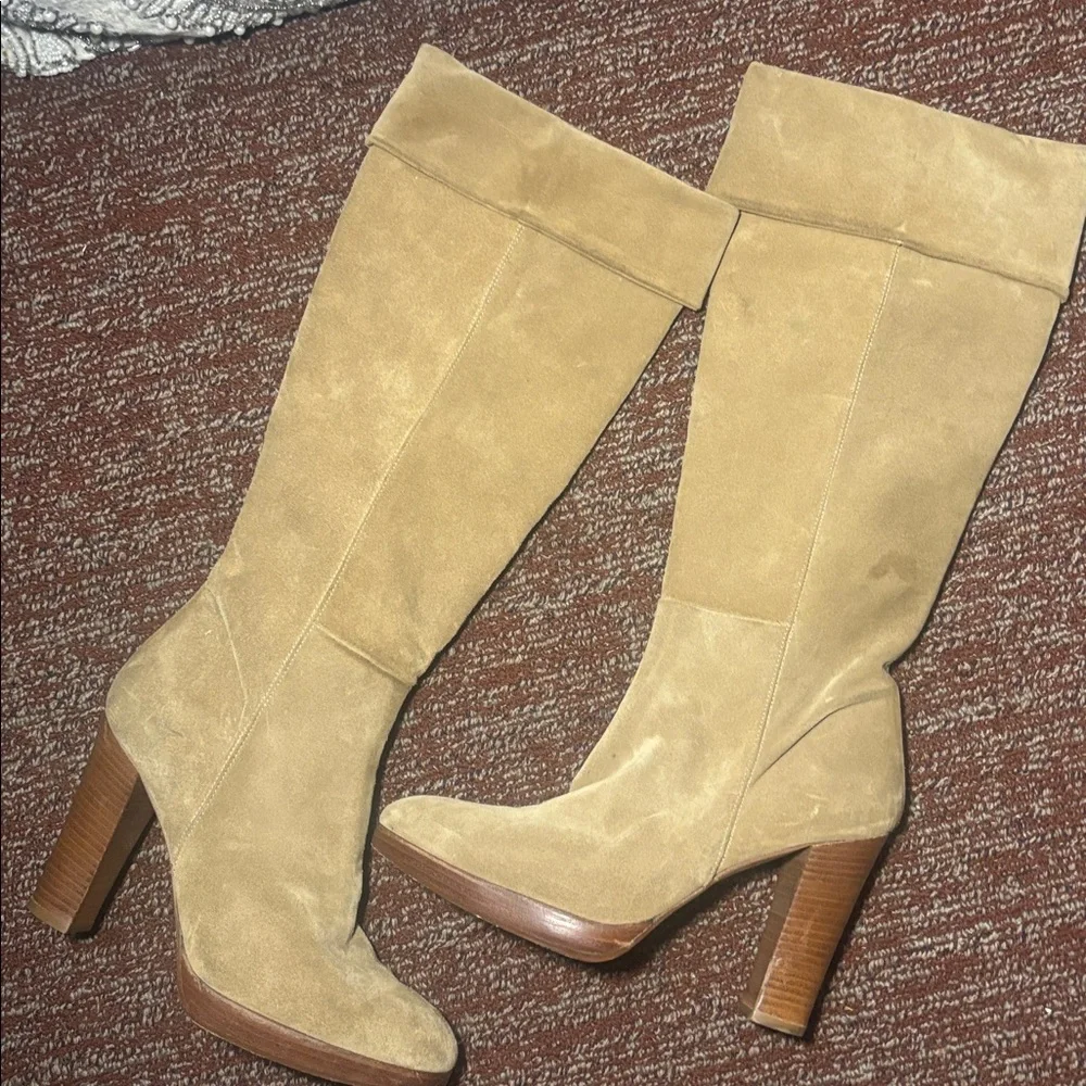 Fornarina light Tan Suede Knee-High Boots fold over top slouchy wooden heel boot